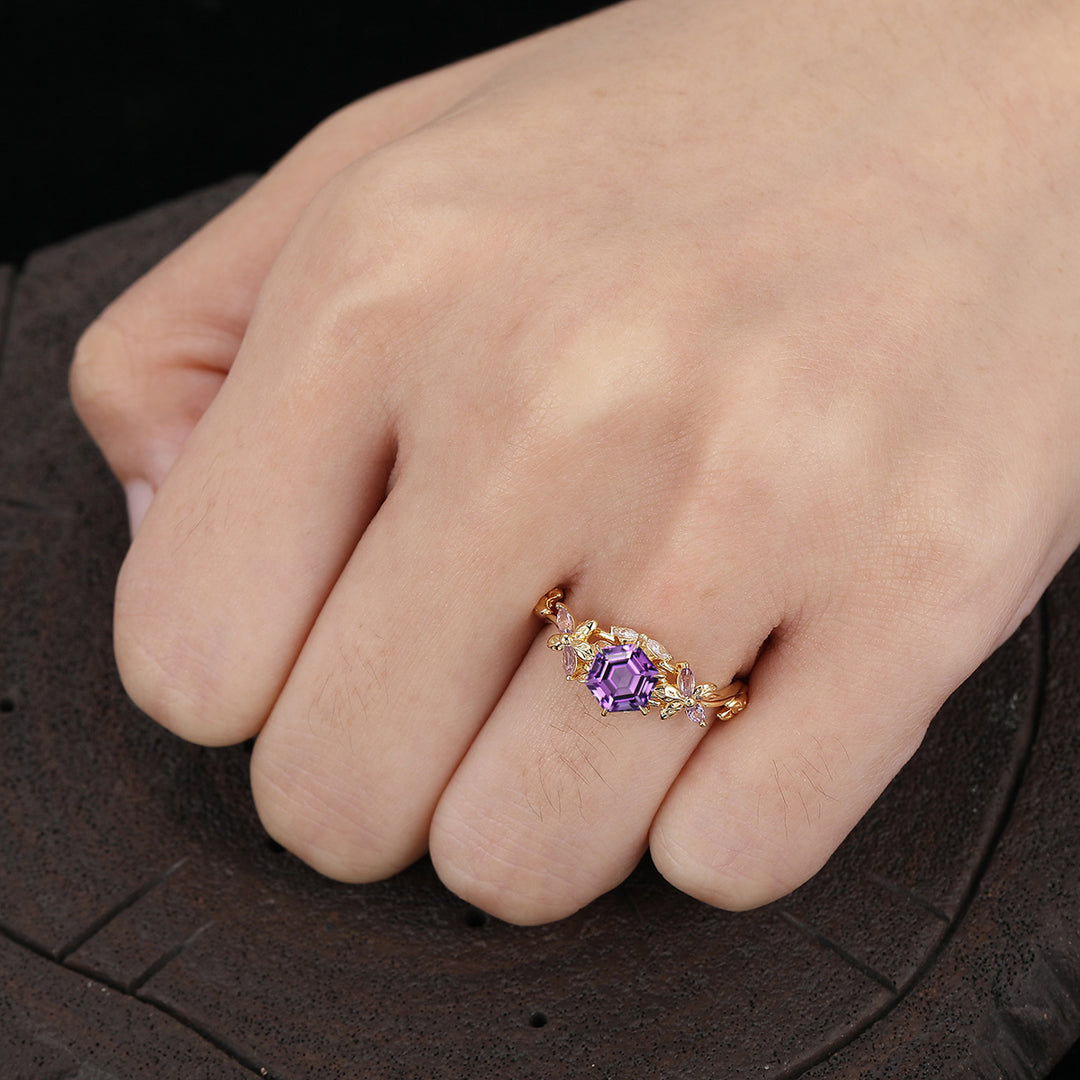 Hexagon Schliff Amethyst Blumen Brautring 14K Gold Februar Geburtsstein Amethyst Ehering