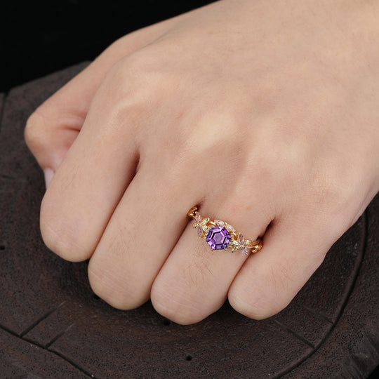 Hexagon Schliff Amethyst Blumen Brautring 14K Gold Februar Geburtsstein Amethyst Ehering