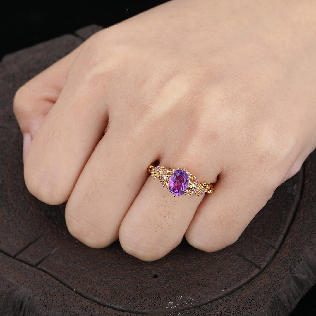 Natural Inspired Cluster Amethyst Wedding Ring Branch Style Solid Yellow Gold Women Ring