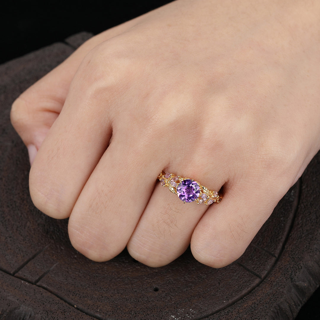 Leaf-inspired Round Amethyst Bridal Ring Solid Yellow Gold Cluster Anniversary Wedding Ring