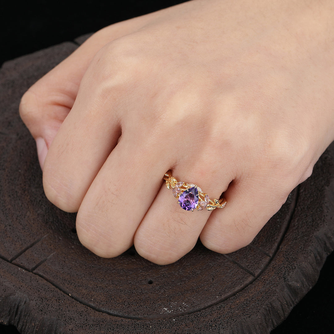 Anillo nupcial de amatista con motivo de rama y corte pera, inspirado en la naturaleza, piedra de nacimiento de febrero, anillo para mujer de amatista