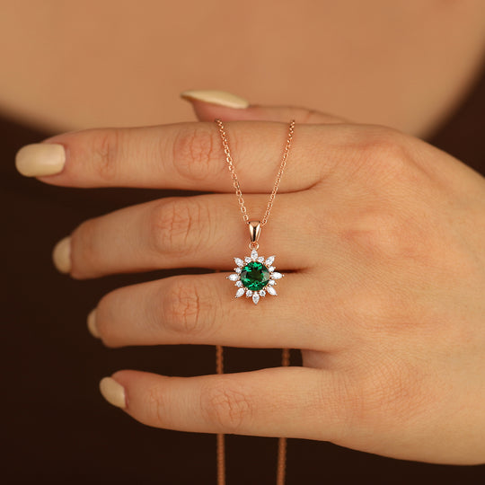 Floral Emerald Pendant Necklace Pave Set Moissanites Anniversary Bridal Pendant