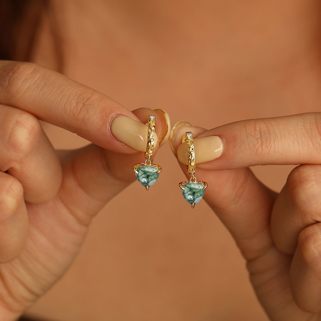 Trendy Fat Triangle Natural Moss Agate Dangle Earrings Engraved Floral Drop Earrings -  Esdomera.com