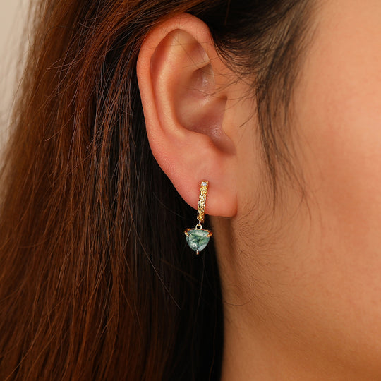 Trendy Fat Triangle Natural Moss Agate Dangle Earrings Engraved Floral Drop Earrings -  Esdomera.com