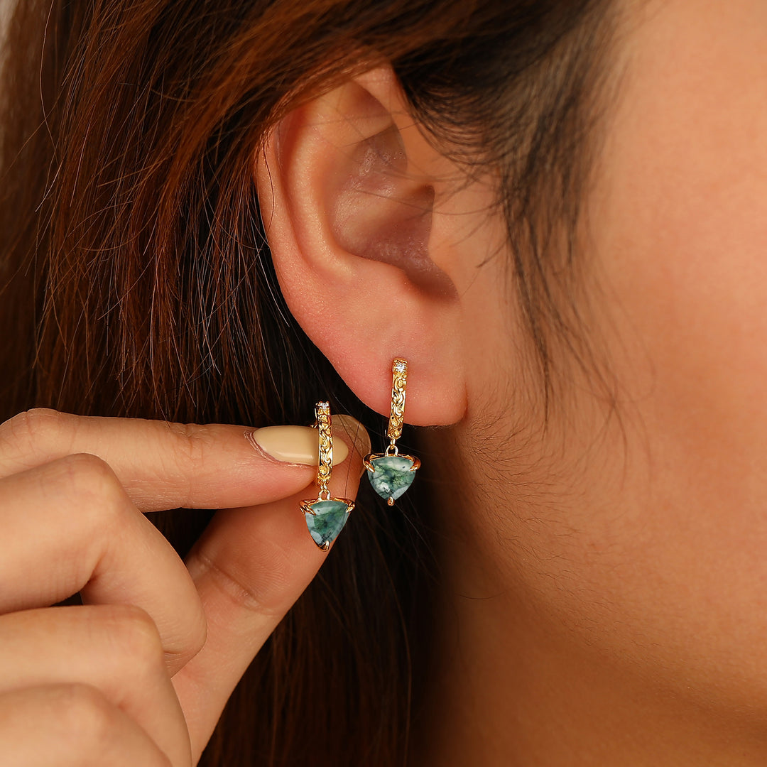Trendy Fat Triangle Natural Moss Agate Dangle Earrings Engraved Floral Drop Earrings -  Esdomera.com