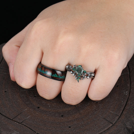 Anelli di Fidanzamento Coppia con Rametti di Agata Muschiata Anelli Promessa Verde in Tungsteno Abbinati per Matrimonio