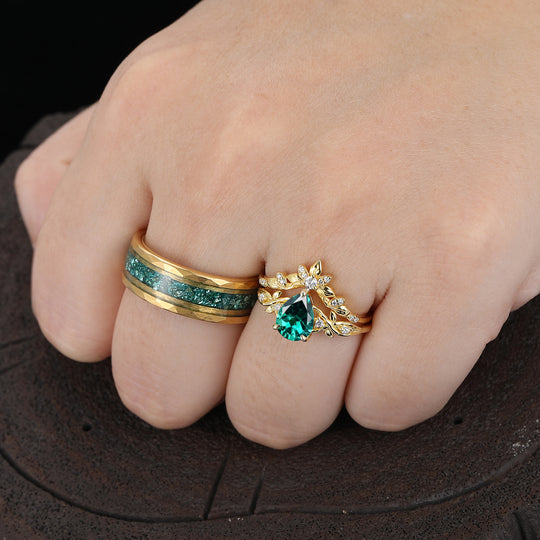 Brilliant Pear Cut Emerald Leaf Design Couple Ring Set Nature Inspired Rings For Men And Women