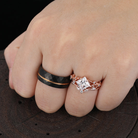 Vintage Princess Cut Moissanite Engagement Leaf Ring Set Matching Black Tungsten Couples Ring