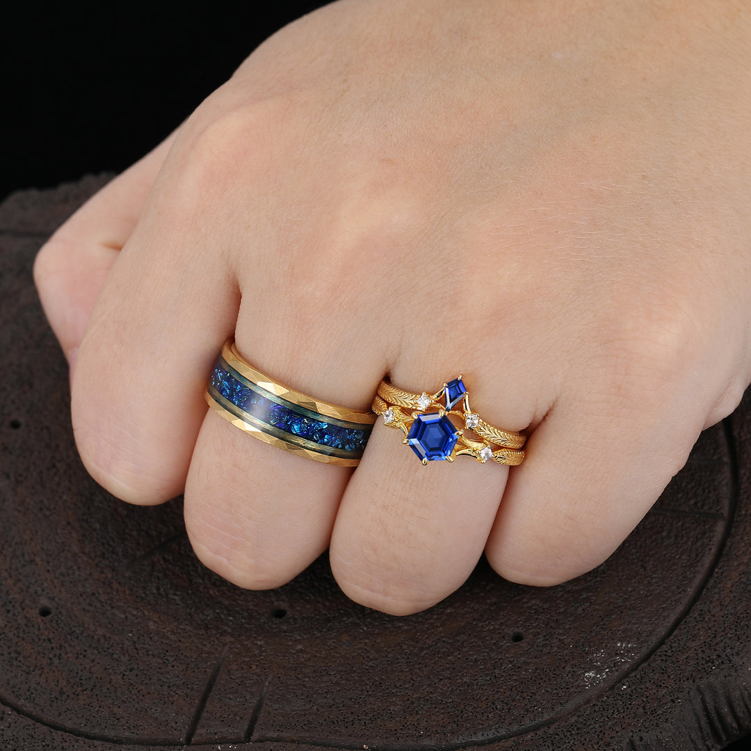 Vintage Kite Cut Sapphire Flourish Engraved Couple Rings Gold Plated His And Hers Rings