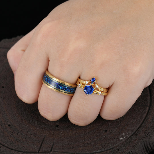 Vintage Kite Cut Sapphire Flourish Engraved Couple Rings Gold Plated His And Hers Rings