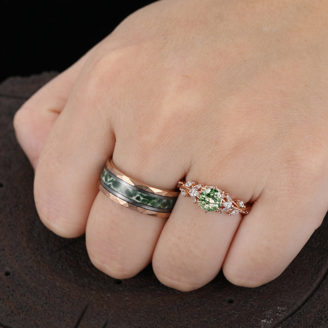 Nature-inspired Round Shape Moss Agate Couple Rings Brunch Design His And Hers Rings