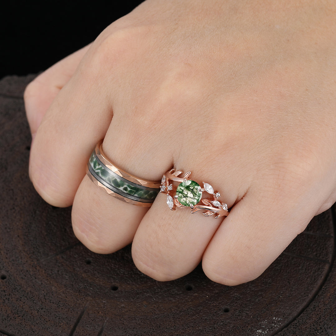 Leaf Motief Ronde Geslepen Natuurlijke Mos Agaat Paar Ringen Roségoud Verguld Zijn En Haar Ringen