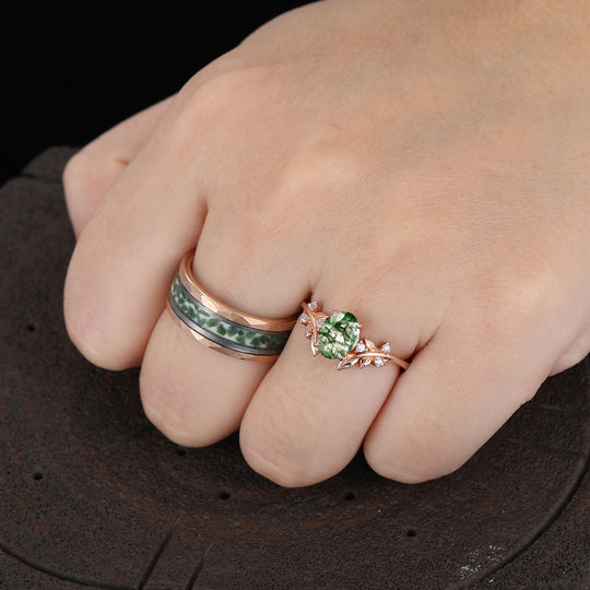 Unique Leaf Incisi Anelli Coppia in Agata Muschio Naturale Argento e Tungsteno Anelli Lui e Lei