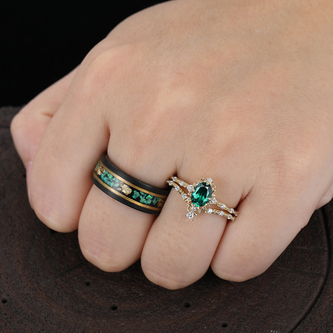 Antieke Ovale Geslepen Groene Smaragd Set Ringen voor Koppel met Filigraan Scrollwerk voor Hem en Haar