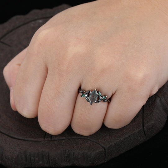 Splendidi Anelli Coppia con Motivi a Foglia Curva in Agata Muschio Naturale S925 e Set Coppia in Acciaio Damascato Verde Martellato