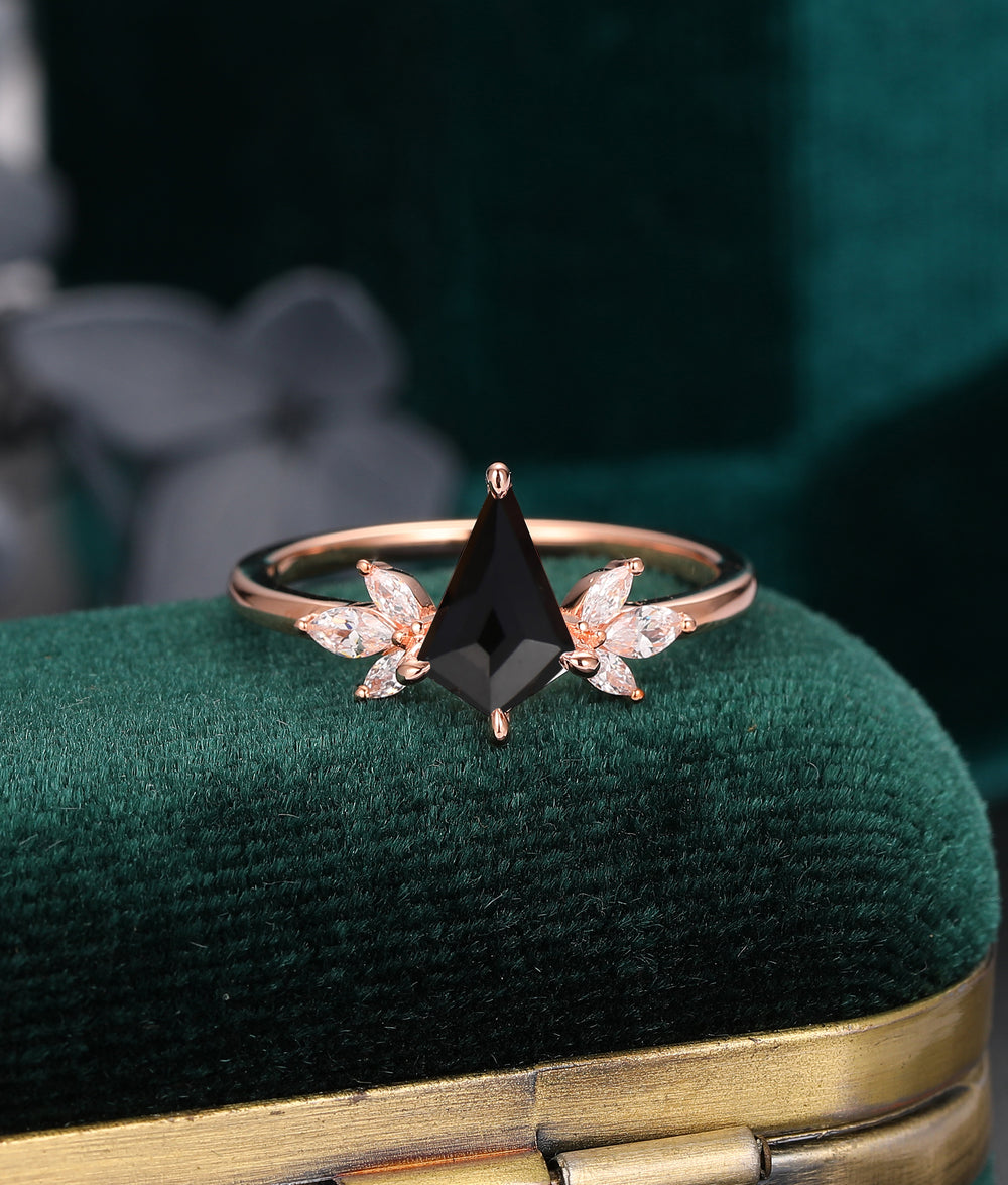 1.35ct Kite Black Onyx Wedding Ring,  Marquise Moissanite Cluster Ring,  14k Gold Art Deco Engagement Ring
