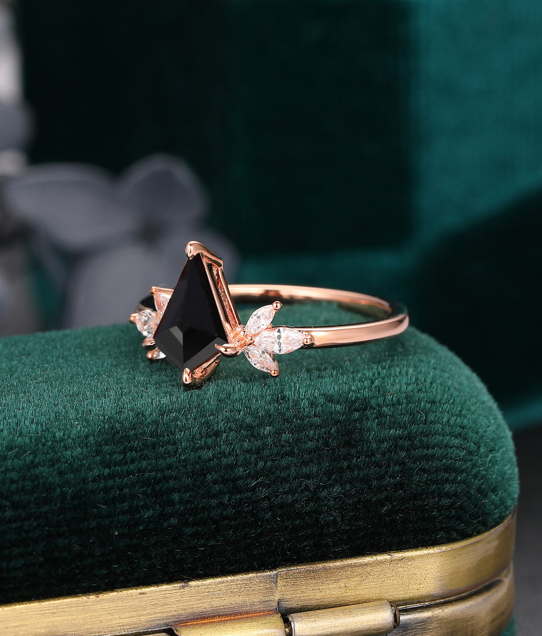 1.35ct Kite Black Onyx Wedding Ring,  Marquise Moissanite Cluster Ring,  14k Gold Art Deco Engagement Ring