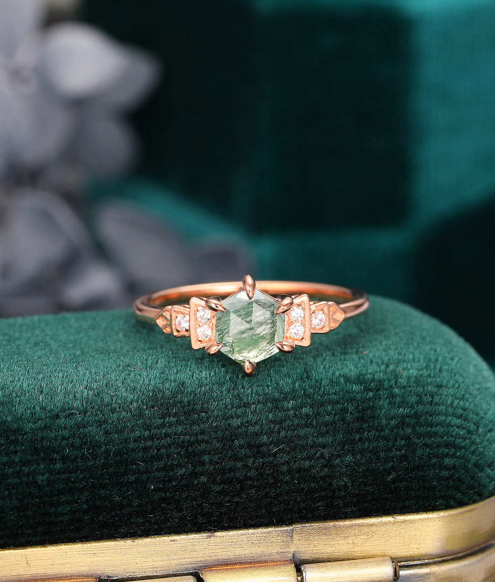 Vintage Hexagon Cut Moss Agate Engagement Ring, Rose Gold Silver Anniversary Promise Ring Gifts