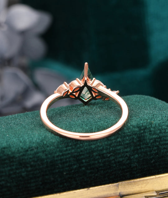 Vintage Kite Moss Agate Engagement Ring, Unique Solid Gold Ring, Marquise Cluster Moissanite Ring For Women