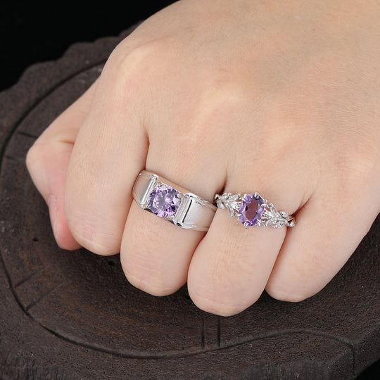 Anelli da coppia in ametista naturale con design a foglia, ametista viola, in argento 925 per uomo e donna