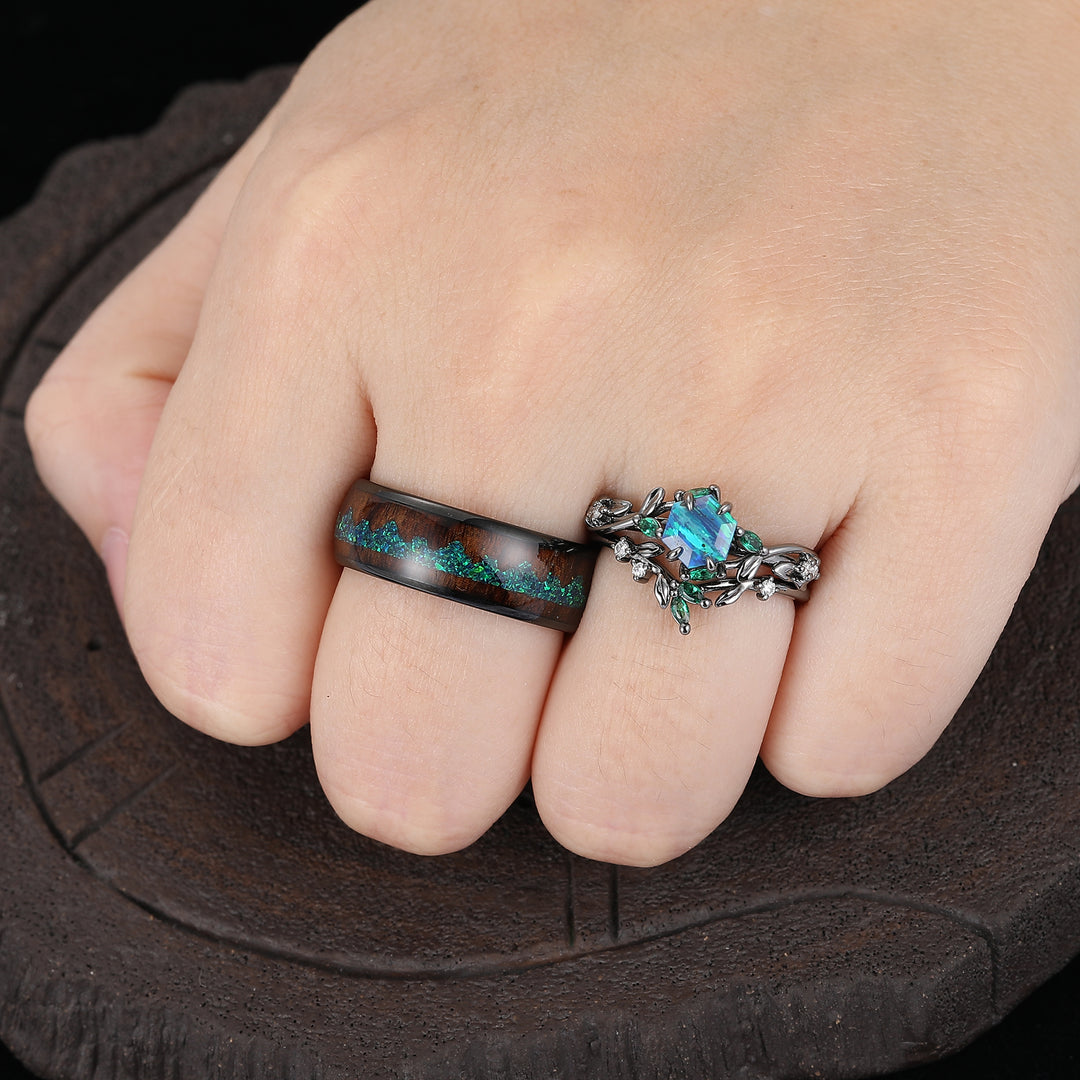 Gorgeous Peacock Green Opal Sprig Engagement Rings Set For Couples Matching Tungsten Promise Rings Couples' Set -  Esdomera.com