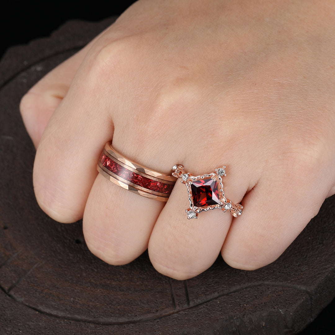 Unique Prinzessschliff Roter Granat Filigran Paar Ringe Roségold Beschichtet Seine Und Ihre Ringe