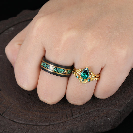 Unique Branch Design Birnenförmige Smaragdblatt Gravierte Partner-Ringe Seine Und Ihre Ringe