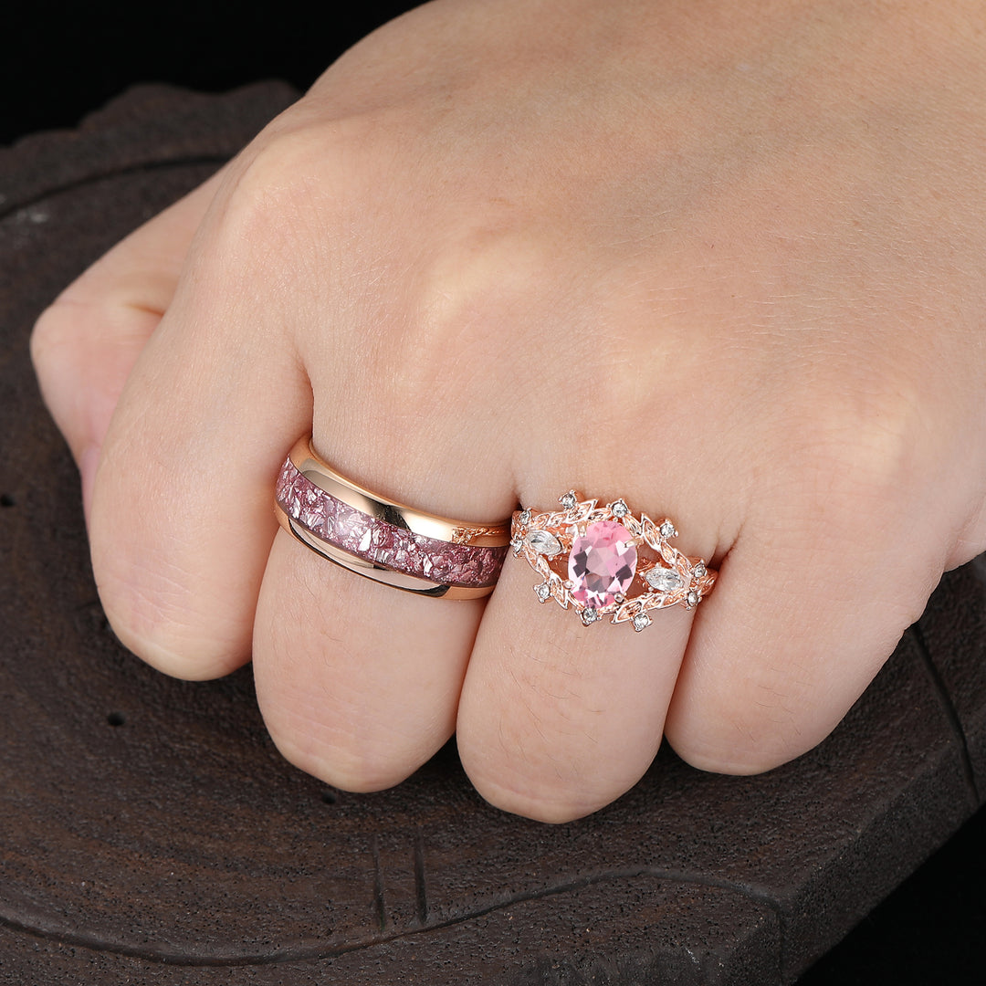 Vintage Bague Couple Feuille en Morganite Rose Forme Ovale Inspirée de la Nature Fleurs Pour Lui et Pour Elle
