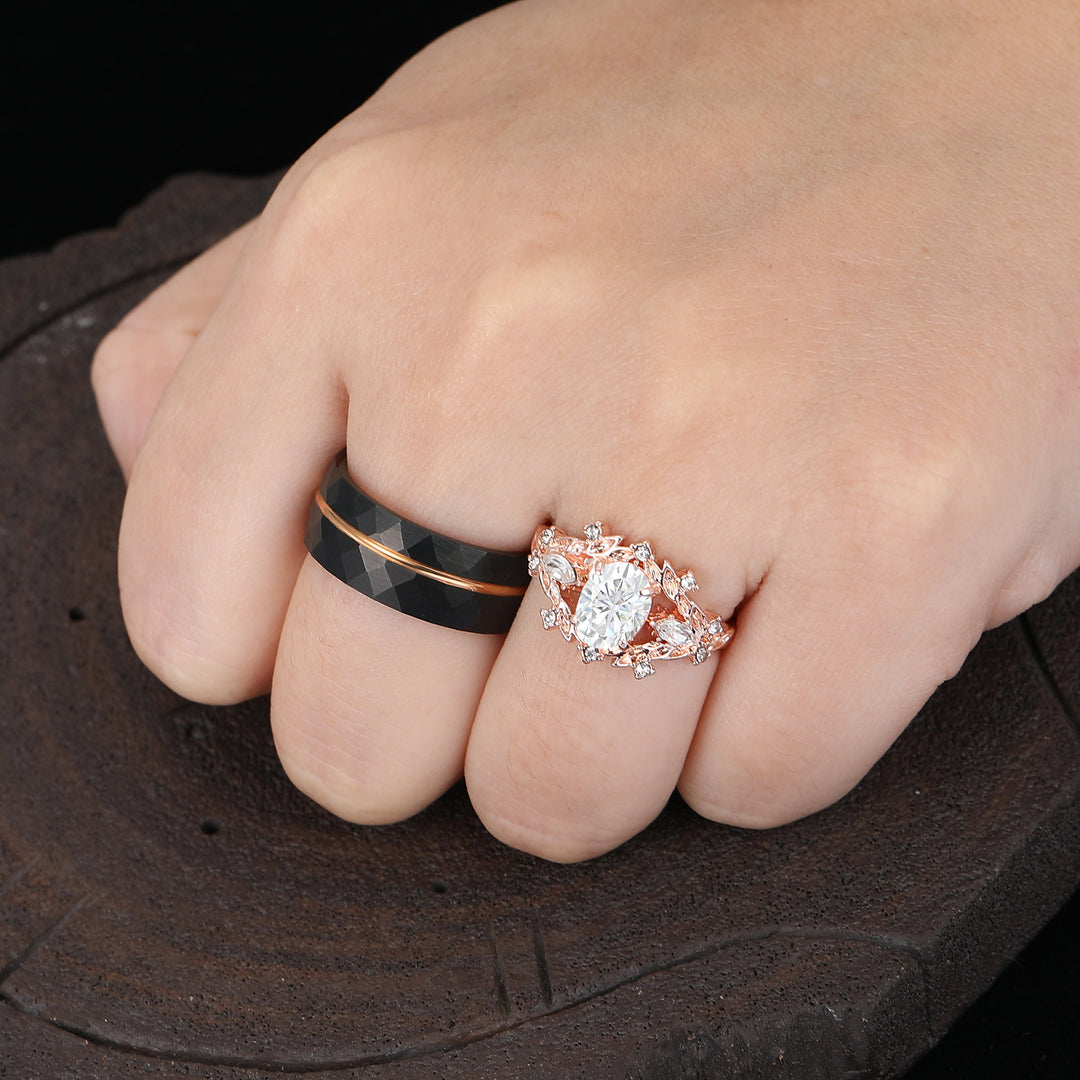 Vintage Hoja Grabada Anillo Ovalado de Moissanita para Parejas Anillos Inspirados en la Naturaleza para Él y para Ella