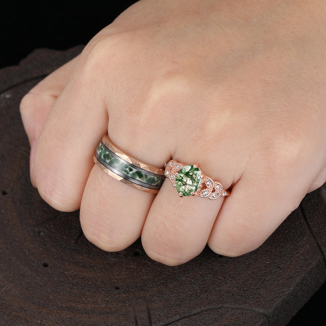 Ensemble de bagues en agate mousse d'inspiration naturelle avec finition milgrain pour lui et elle, bagues de couple Art déco