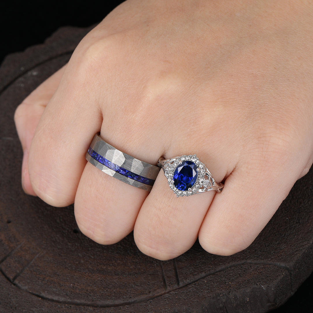 Exquisitos anillos de pareja con zafiro en forma ovalada Halo, inspirados en hojas, chapados en oro blanco para él y para ella