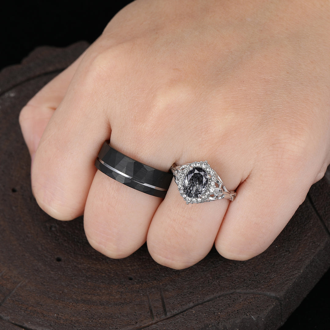 Antike Halo Natürliche Schwarze Rutilquarz Partner-Ringe Silber und Wolfram Passendes Ring-Set
