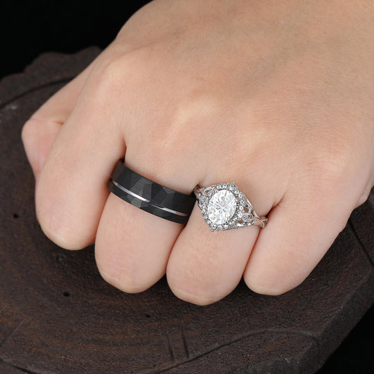 Anillos de pareja únicos de moissanita con diseño floral de hoja, conjunto de anillos de matrimonio Art Deco en plata y tungsteno