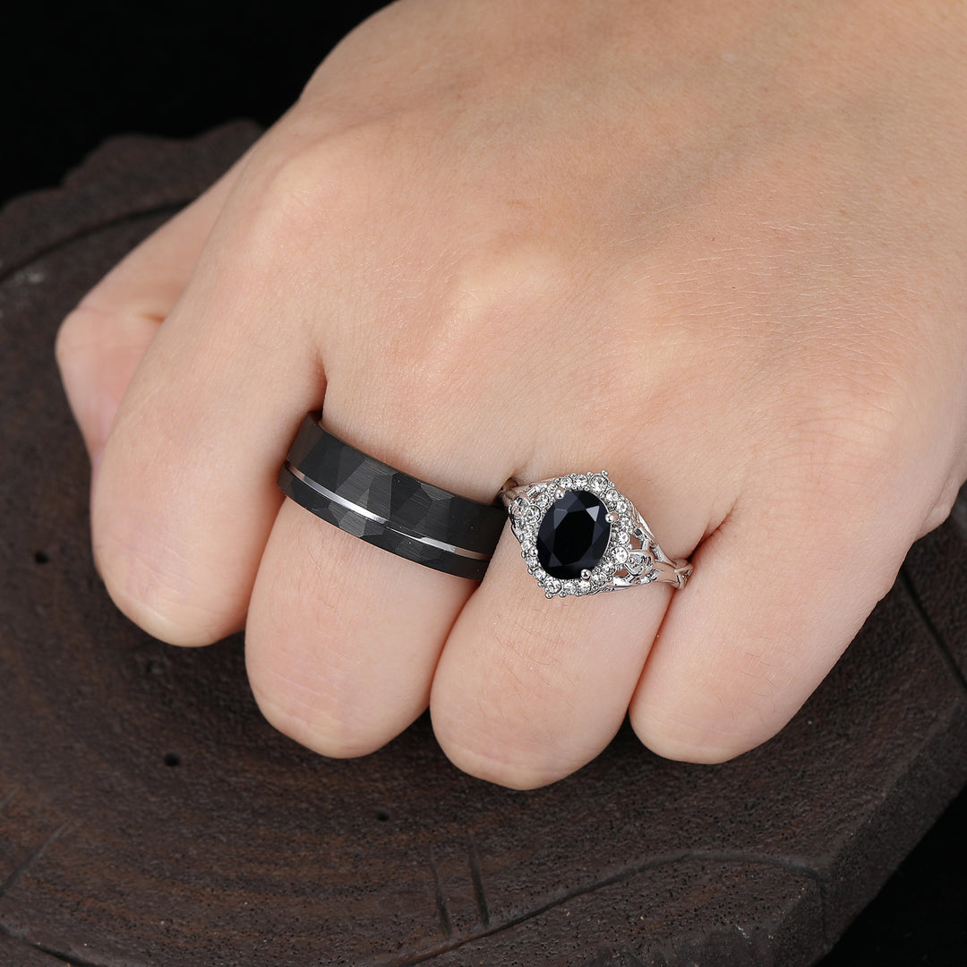 Anillos de pareja de matrimonio personalizados con forma ovalada de ónix negro natural y diseño floral