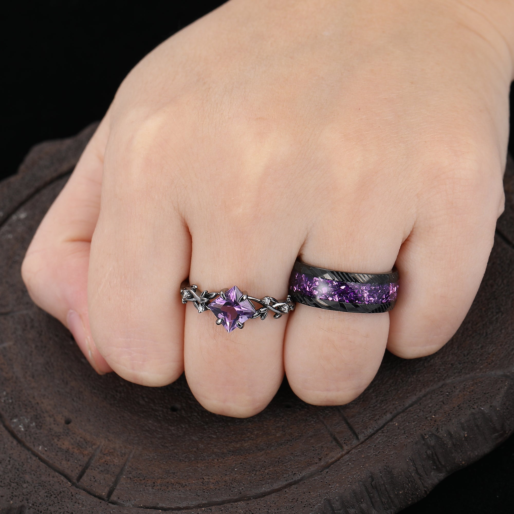 Interlaced Leaf Branches Amethyst Engagement Rings For Couples Matchin