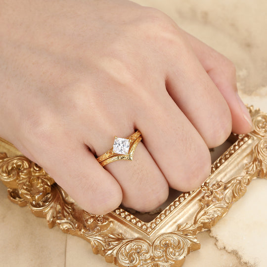 14K Solid Gold Milgrain Engraved Moissanite Wedding Ring Set Antique Filigreed Engagement Ring