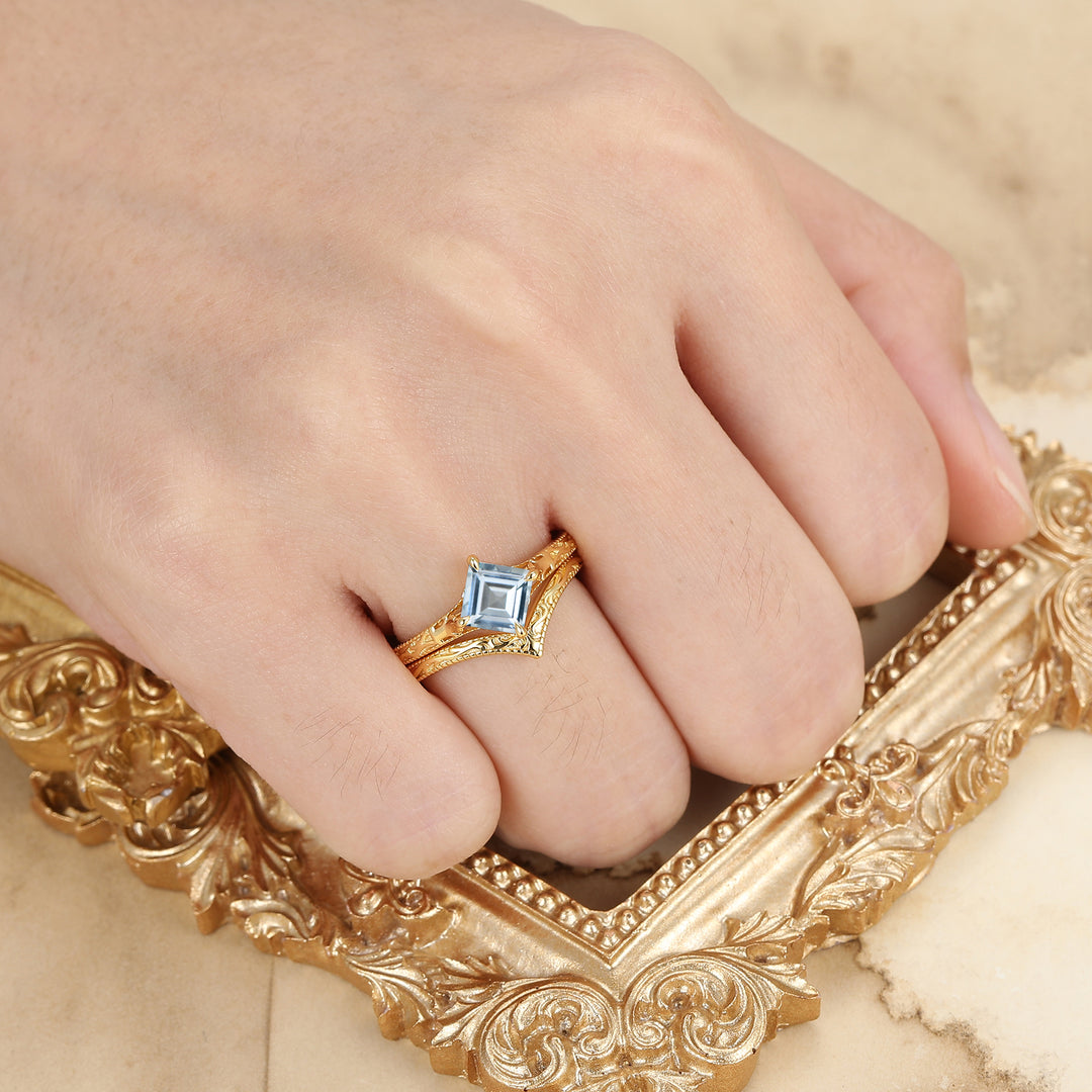 Square Cut Solitaire Aigue-marine Bague de Mariage Filigrane Ensemble Fait Main Bague de Mariée en Or Jaune 14K