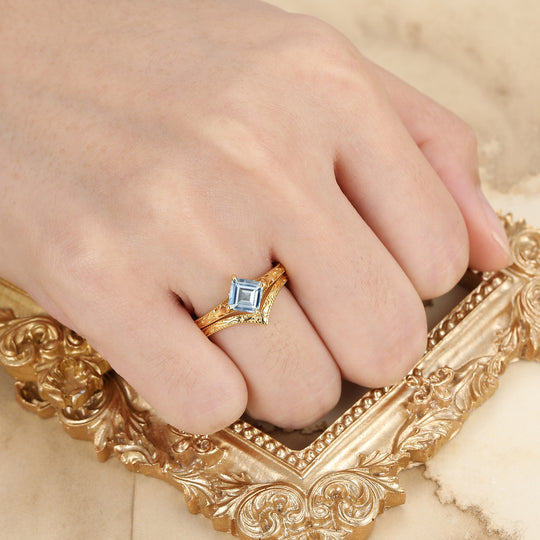 Square Cut Solitaire Aigue-marine Bague de Mariage Filigrane Ensemble Fait Main Bague de Mariée en Or Jaune 14K