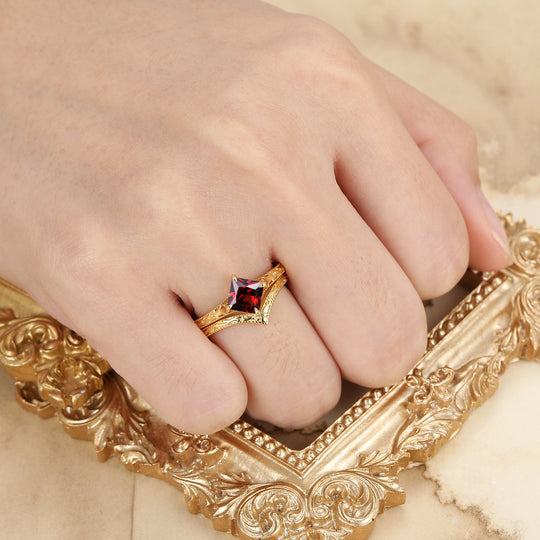 Solitaire Natural Red Garnet Engraved Couple Ring Set Vintage Filigreed Yellow Gold Plated His And Hers Rings