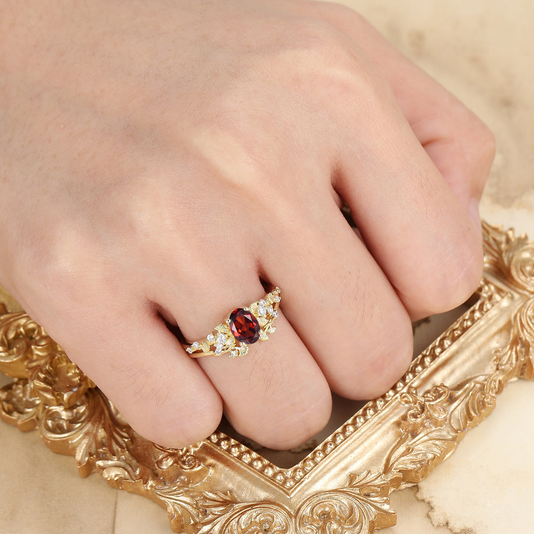 Unique Ginkgo Leaf Oval Cut Red Garnet Engagement Ring Handmade Women Ring Bridal Ring
