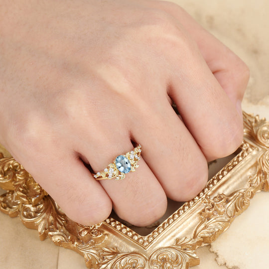 Ginkgo Hoja Oval Corte Aguamarina Anillo de Compromiso Conjunto 14K Oro Macizo Piedra de Nacimiento de Marzo Anillo para Mujer