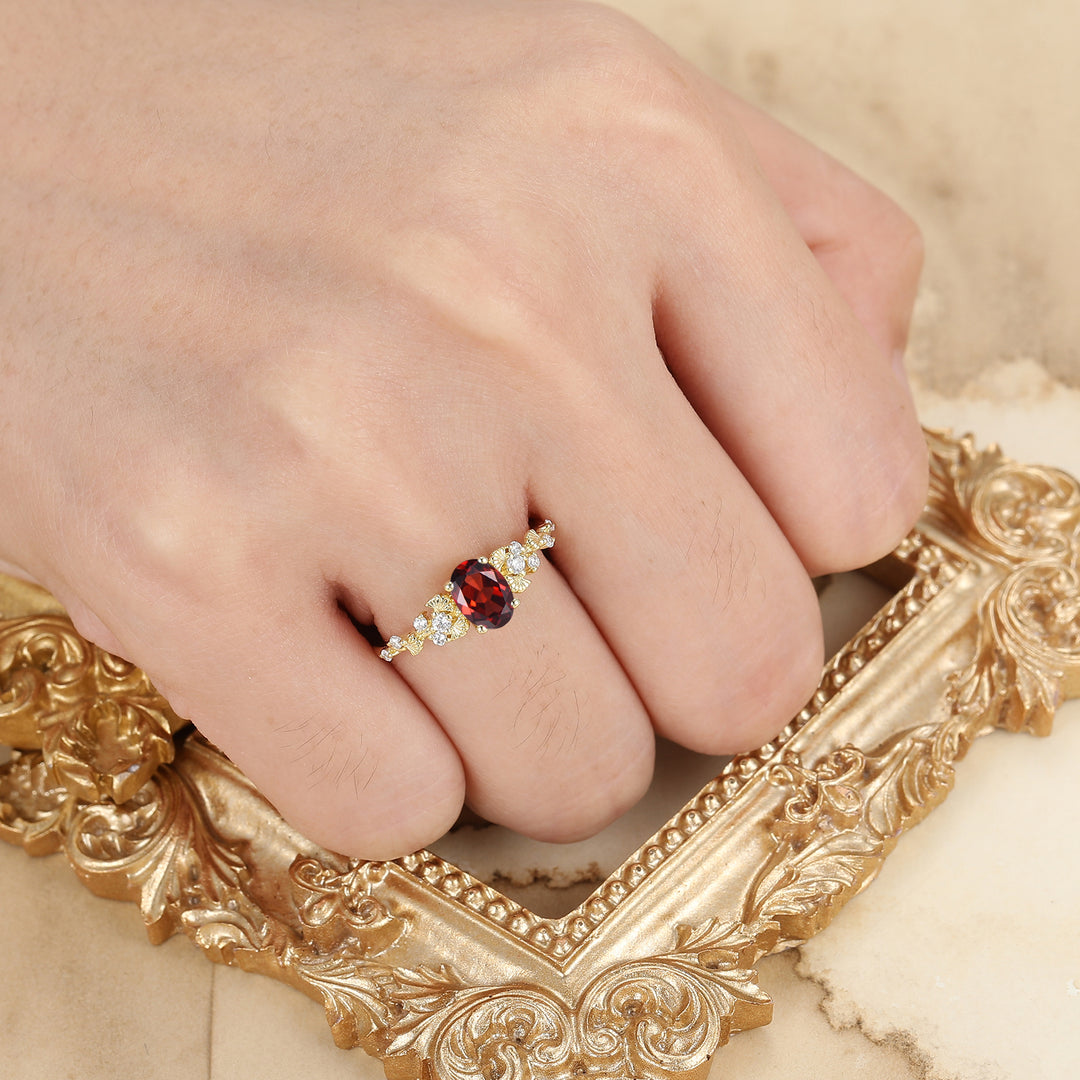 Unique Ginkgo Leaf Oval Cut Red Garnet Engagement Ring Handmade Yellow Gold Women Ring Bridal Ring