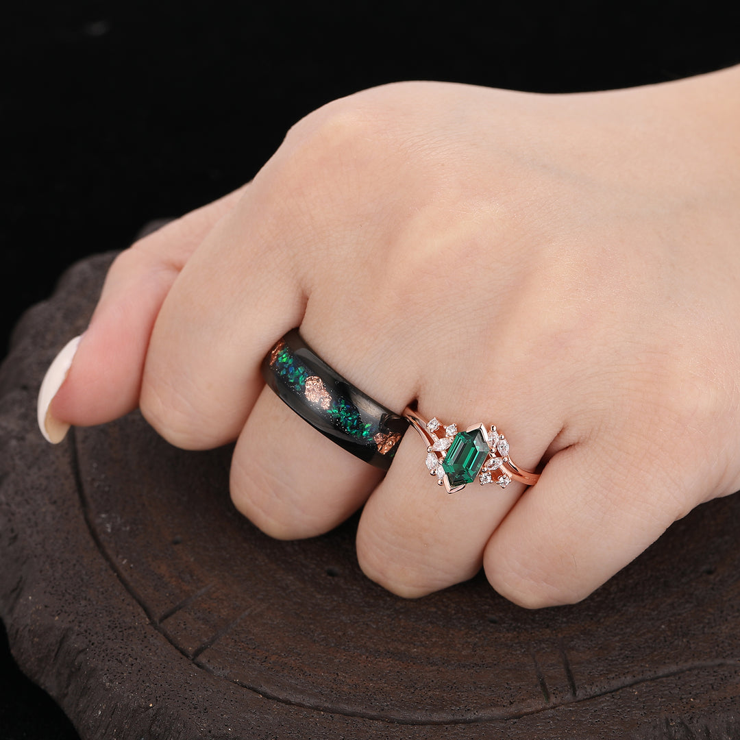 Retro Emerald Engagement Petal Promise Ring For Men For Women Green Tungsten Matching Couple Rings Set -  Esdomera.com