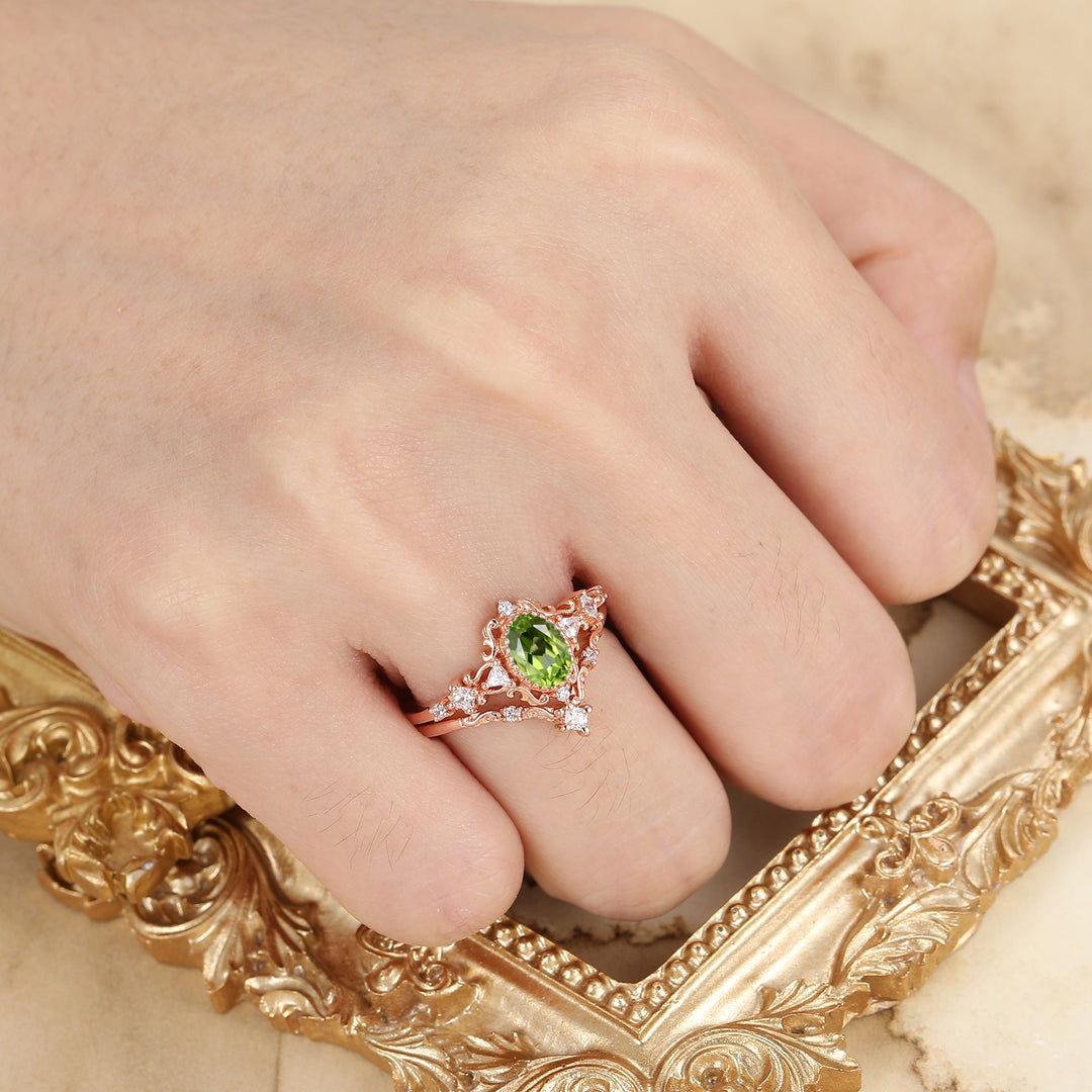 Vintage Scrolled Oval Cut Peridot Engagement Ring Set Rose Gold Women Anniversary Rings