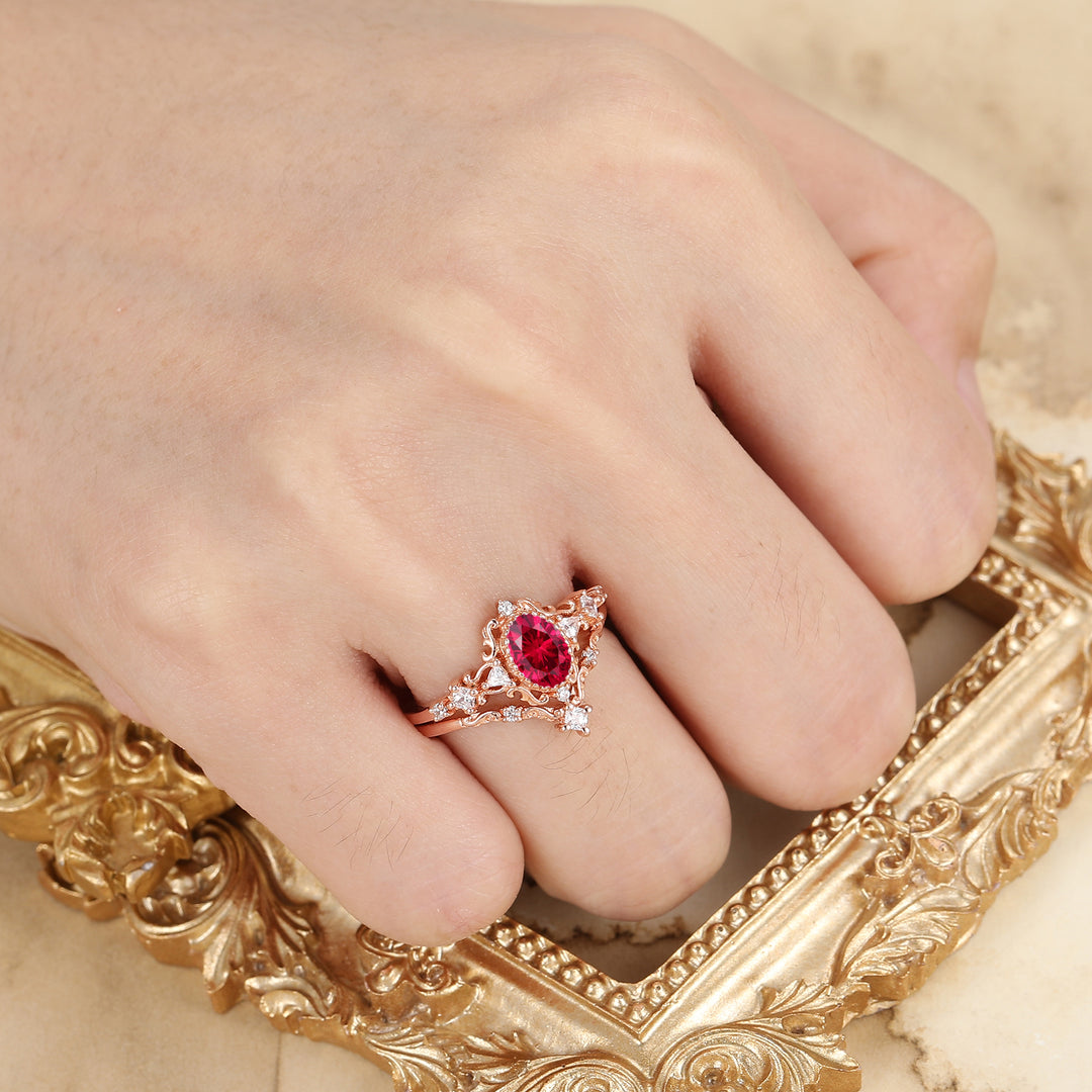 Vintage Scrolled Oval Cut Ruby Engagement Ring Set Rose Gold Women Anniversary Rings