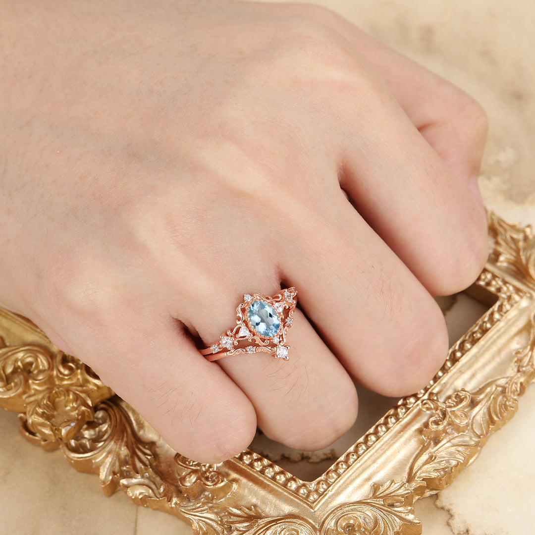 Crystal-Clear Oval Cut Aquamarine Bridal Ring 14K Rose Gold March Birthstone Ring For Her