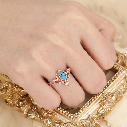Vintage Inspired 1CT Oval Cut Turquoise Wedding Rings Handmade Bridal Anniversary Ring Set