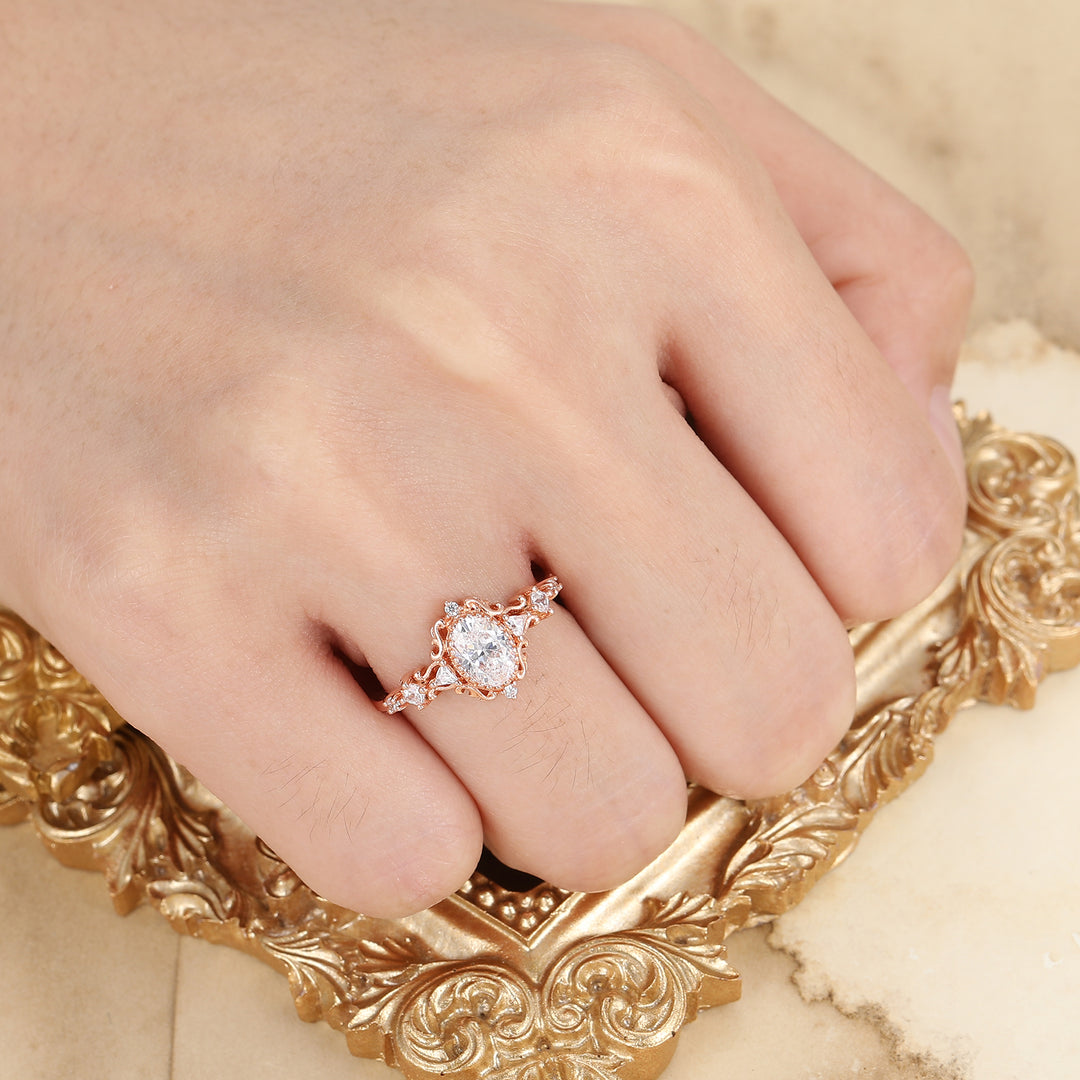 Einzigartiger floraler Moissanit-Verlobungsring, ovaler Schliff, 14K Massivgold, Rankenverzierung, Brautring für Damen