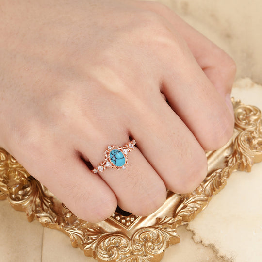 Art Deco Filigree Turquoise Engagement Ring Solid Rose Gold Women Fine Ring