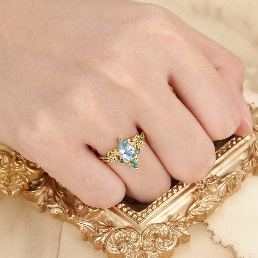 Pear Cut Aquamarijn Druivenrank Filigraan Verlovingsring 14K Geelgouden Trouwring Voor Haar